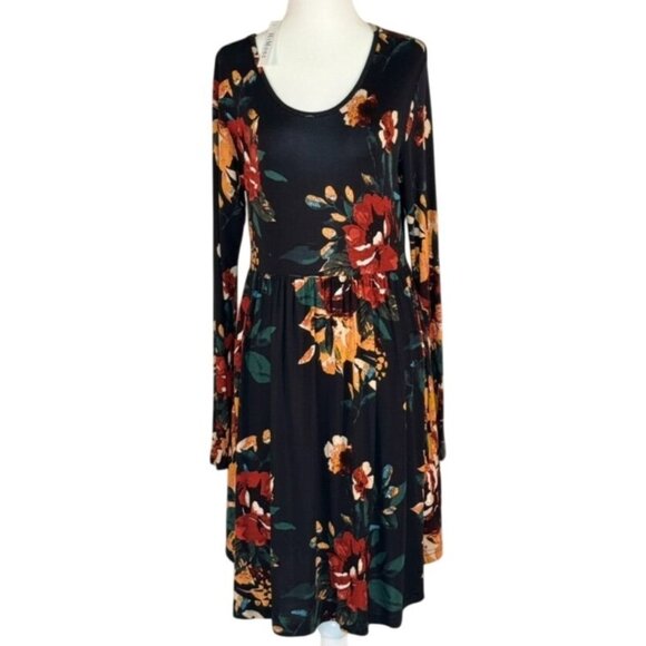 Himone Dresses & Skirts - NEW Womens Long Sleeve Print Dress Black Fall Boho Midi Soft Stretchy Casual
